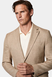 Açık Bej 7 Drop Slim Fit Dar Kesim Keten Karışımlı Desenli Astarsız Klasik Ceket