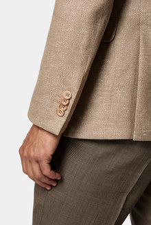 Açık Bej 7 Drop Slim Fit Dar Kesim Keten Karışımlı Desenli Astarsız Klasik Ceket