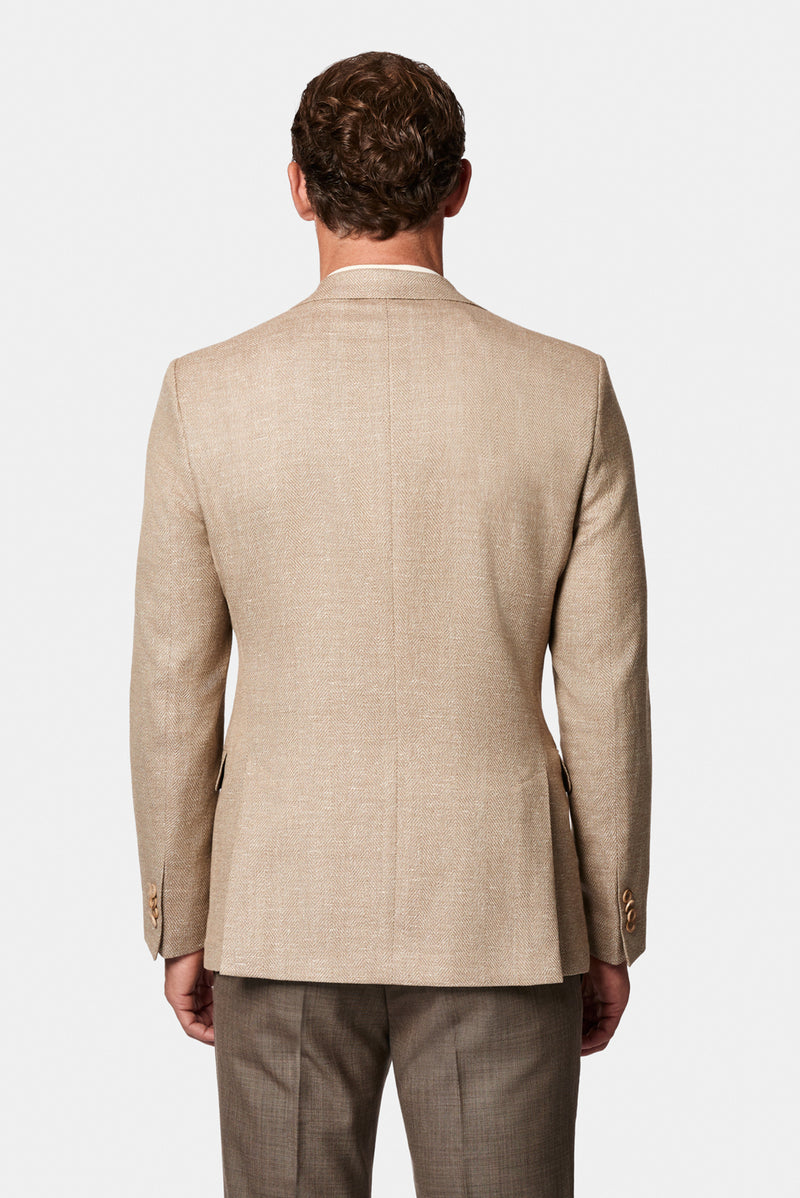 Açık Bej 7 Drop Slim Fit Dar Kesim Keten Karışımlı Desenli Astarsız Klasik Ceket
