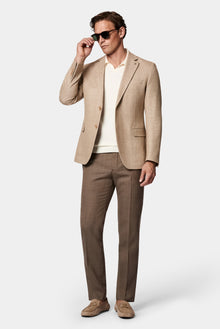 Açık Bej 7 Drop Slim Fit Dar Kesim Keten Karışımlı Desenli Astarsız Klasik Ceket
