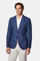 Orta Lacivert 7 Drop Slim Fit Dar Kesim %100 Keten Çizgili İtalyan Ceket