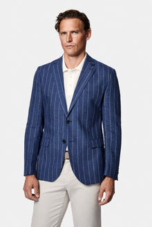 Orta Lacivert 7 Drop Slim Fit Dar Kesim %100 Keten Çizgili İtalyan Ceket