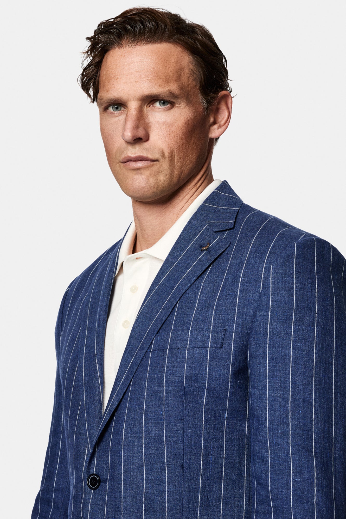Orta Lacivert 7 Drop Slim Fit Dar Kesim %100 Keten Çizgili İtalyan Ceket