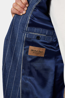 Orta Lacivert 7 Drop Slim Fit Dar Kesim %100 Keten Çizgili İtalyan Ceket