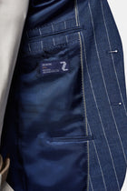 Orta Lacivert 7 Drop Slim Fit Dar Kesim %100 Keten Çizgili İtalyan Ceket