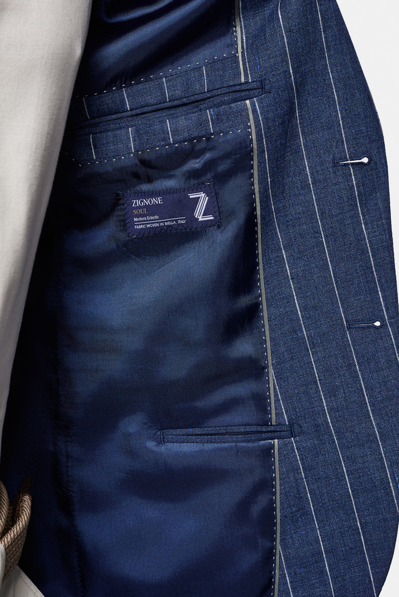Orta Lacivert 7 Drop Slim Fit Dar Kesim %100 Keten Çizgili İtalyan Ceket