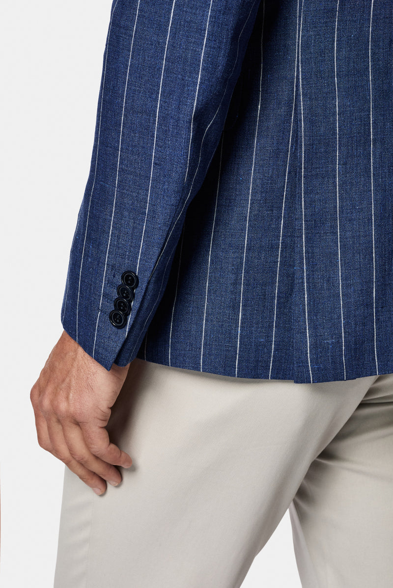 Orta Lacivert 7 Drop Slim Fit Dar Kesim %100 Keten Çizgili İtalyan Ceket