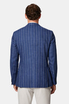 Orta Lacivert 7 Drop Slim Fit Dar Kesim %100 Keten Çizgili İtalyan Ceket