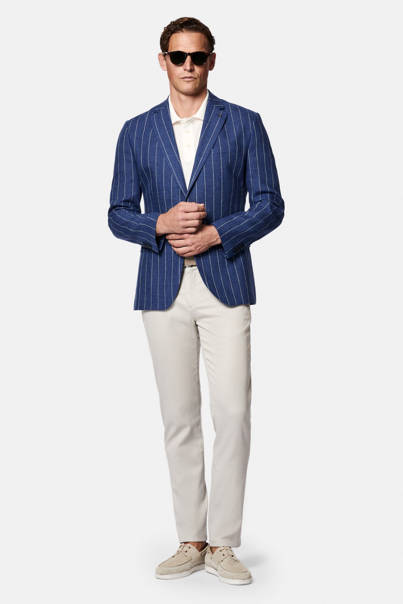 Orta Lacivert 7 Drop Slim Fit Dar Kesim %100 Keten Çizgili İtalyan Ceket