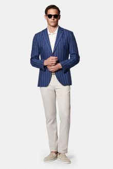 Orta Lacivert 7 Drop Slim Fit Dar Kesim %100 Keten Çizgili İtalyan Ceket