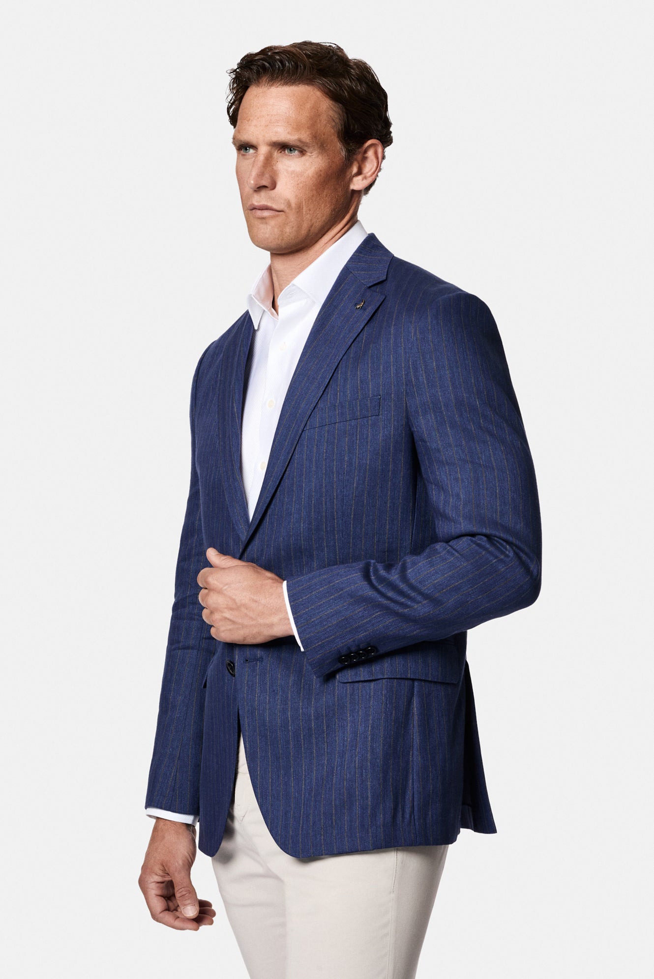 Orta Lacivert 6 Drop Regular Fit Standart Kesim Mono Yaka Keten Yün Karışımlı Çizgili Klasik İtalyan Ceket