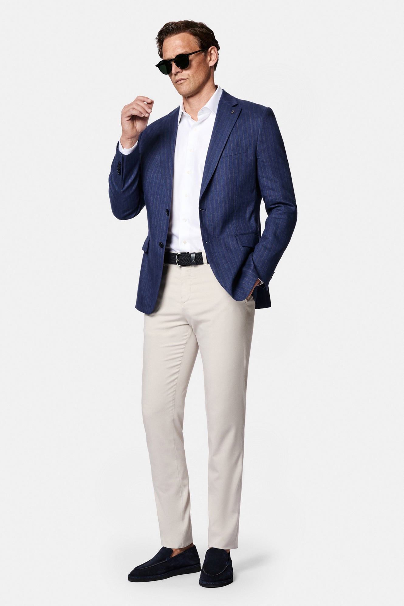 Orta Lacivert 6 Drop Regular Fit Standart Kesim Mono Yaka Keten Yün Karışımlı Çizgili Klasik İtalyan Ceket