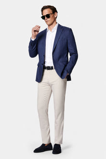 Orta Lacivert 6 Drop Regular Fit Standart Kesim Mono Yaka Keten Yün Karışımlı Çizgili Klasik İtalyan Ceket