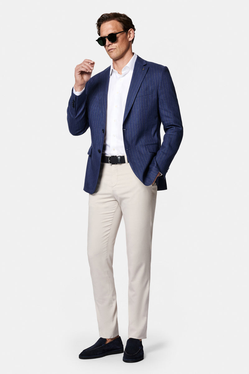 Orta Lacivert 6 Drop Regular Fit Standart Kesim Mono Yaka Keten Yün Karışımlı Çizgili Klasik İtalyan Ceket