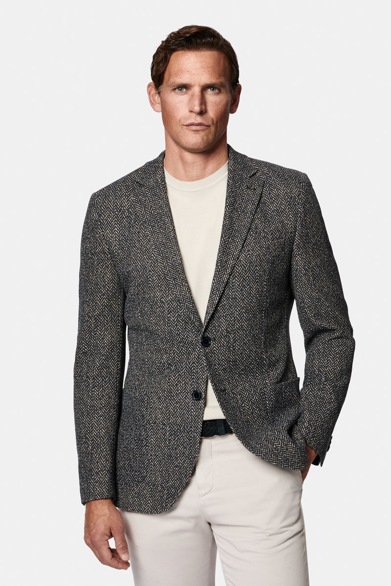 Koyu Lacivert 7 Drop Slim Fit Dar Kesim Mono Yaka Pamuk Karışımlı Desenli Spor Astarsız İtalyan Ceket