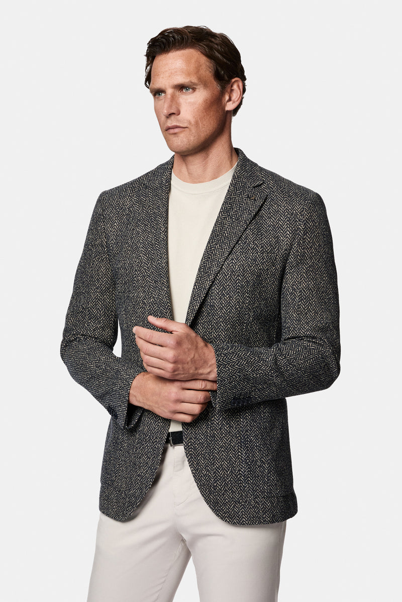 Koyu Lacivert 7 Drop Slim Fit Dar Kesim Mono Yaka Pamuk Karışımlı Desenli Spor Astarsız İtalyan Ceket