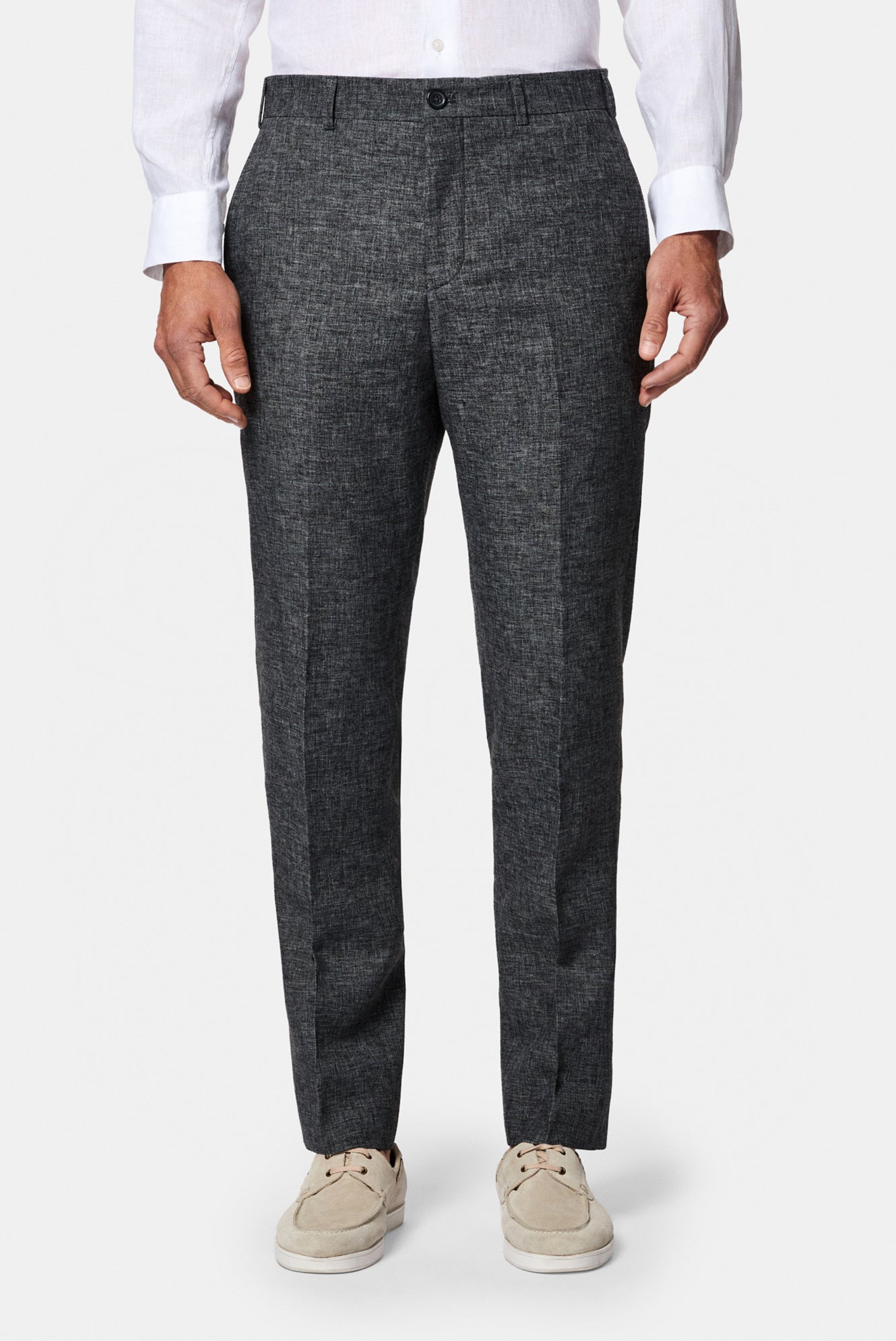 Orta Füme 6 Drop Regular Fit Standart Kesim Keten Karışımlı Pileli Klasik Kumaş Pantolon