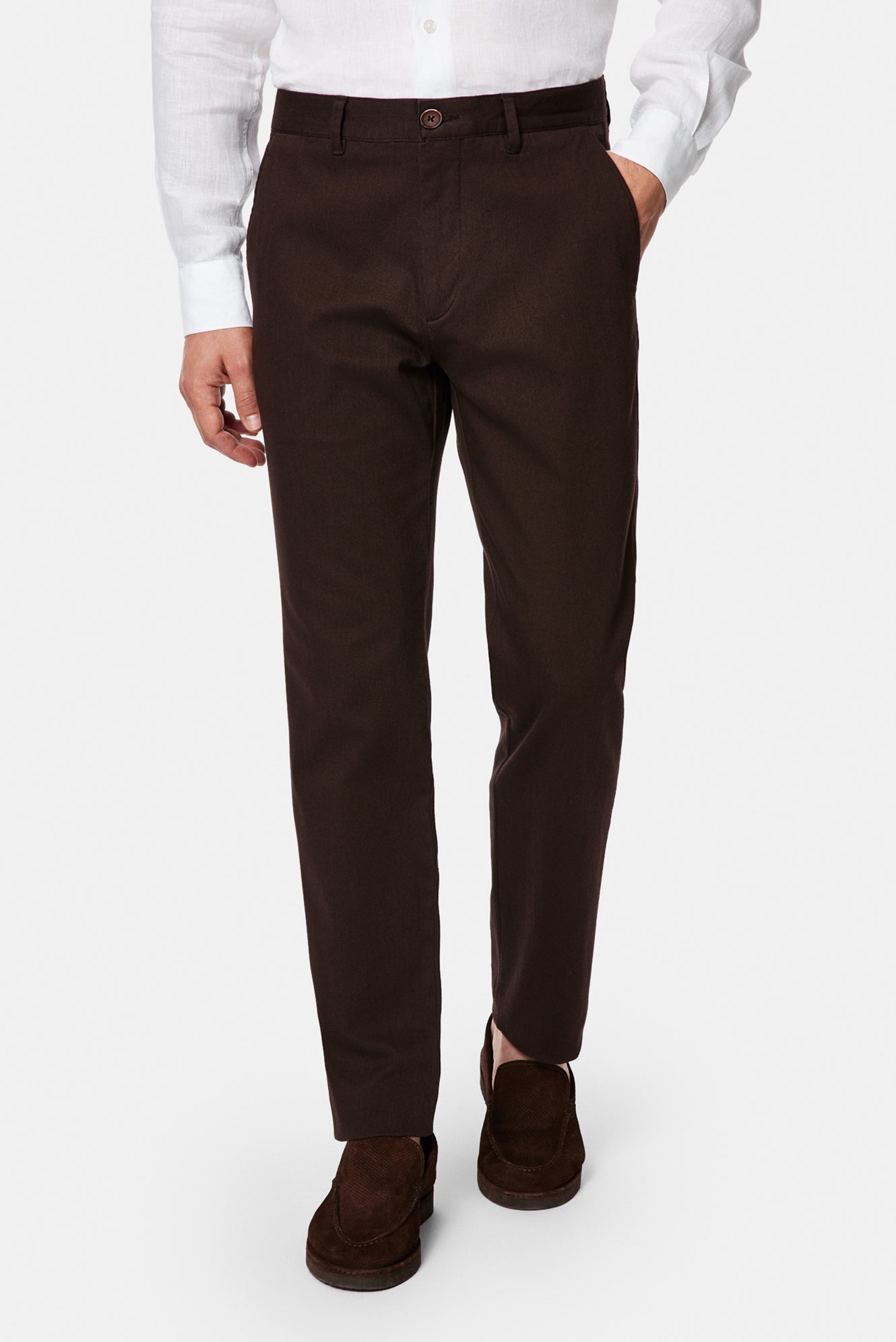 Orta Kahve Regular Fit Standart Kesim Yan Cepli Pamuklu Likralı Kanvas / Chino Pantolon