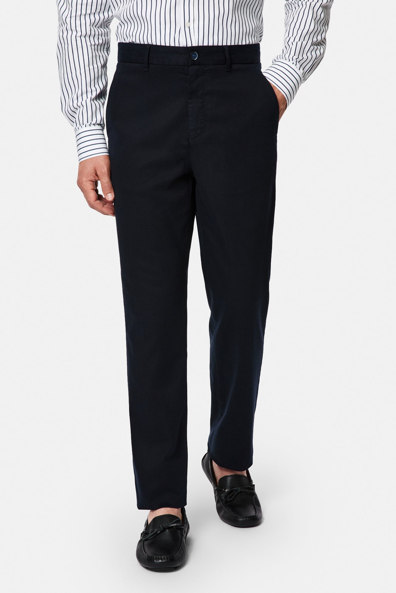 Koyu Lacivert Regular Fit Standart Kesim Yan Cepli Lyocell Pamuk Karışımlı Kanvas / Chino Pantolon