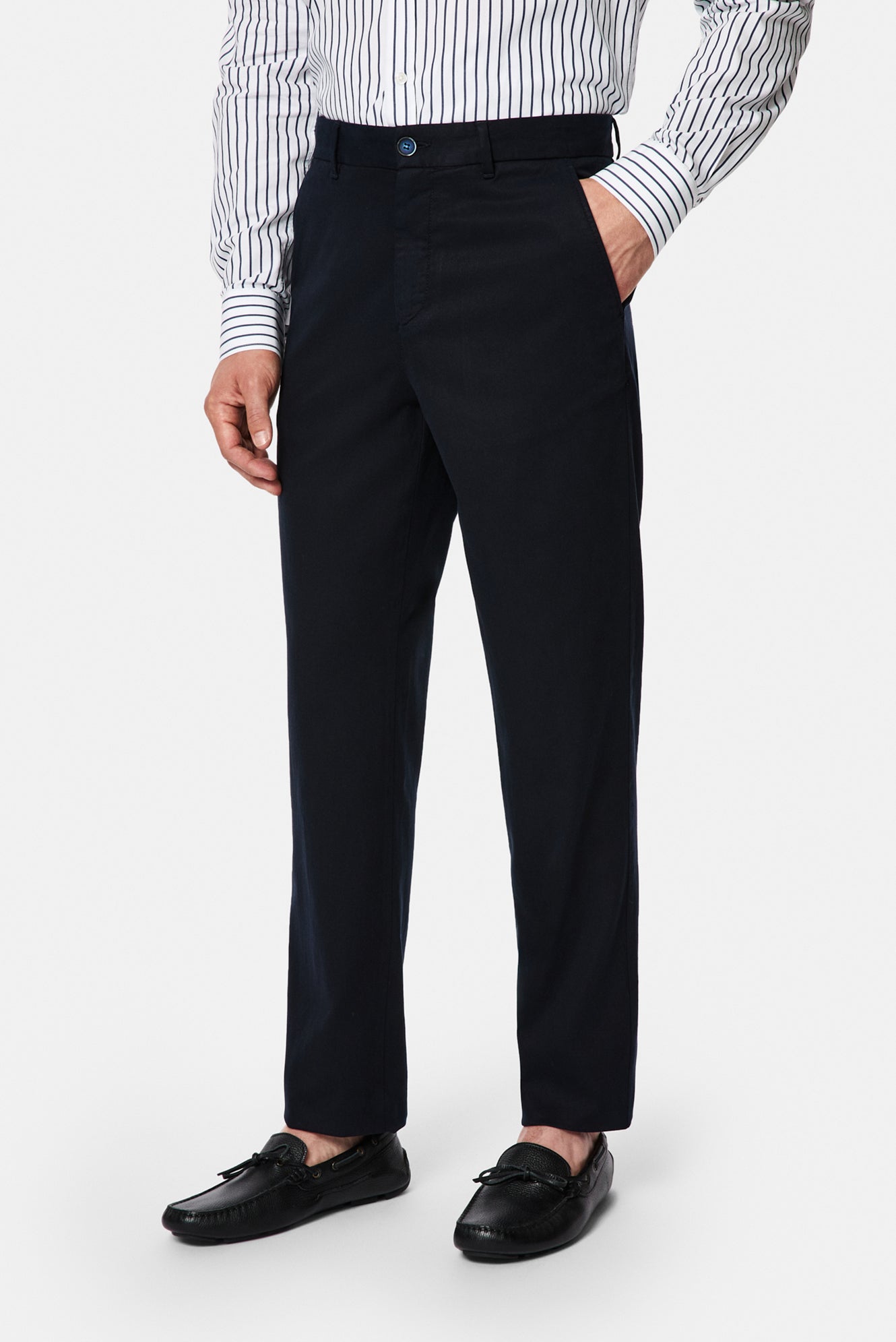 Koyu Lacivert Regular Fit Standart Kesim Yan Cepli Lyocell Pamuk Karışımlı Kanvas / Chino Pantolon