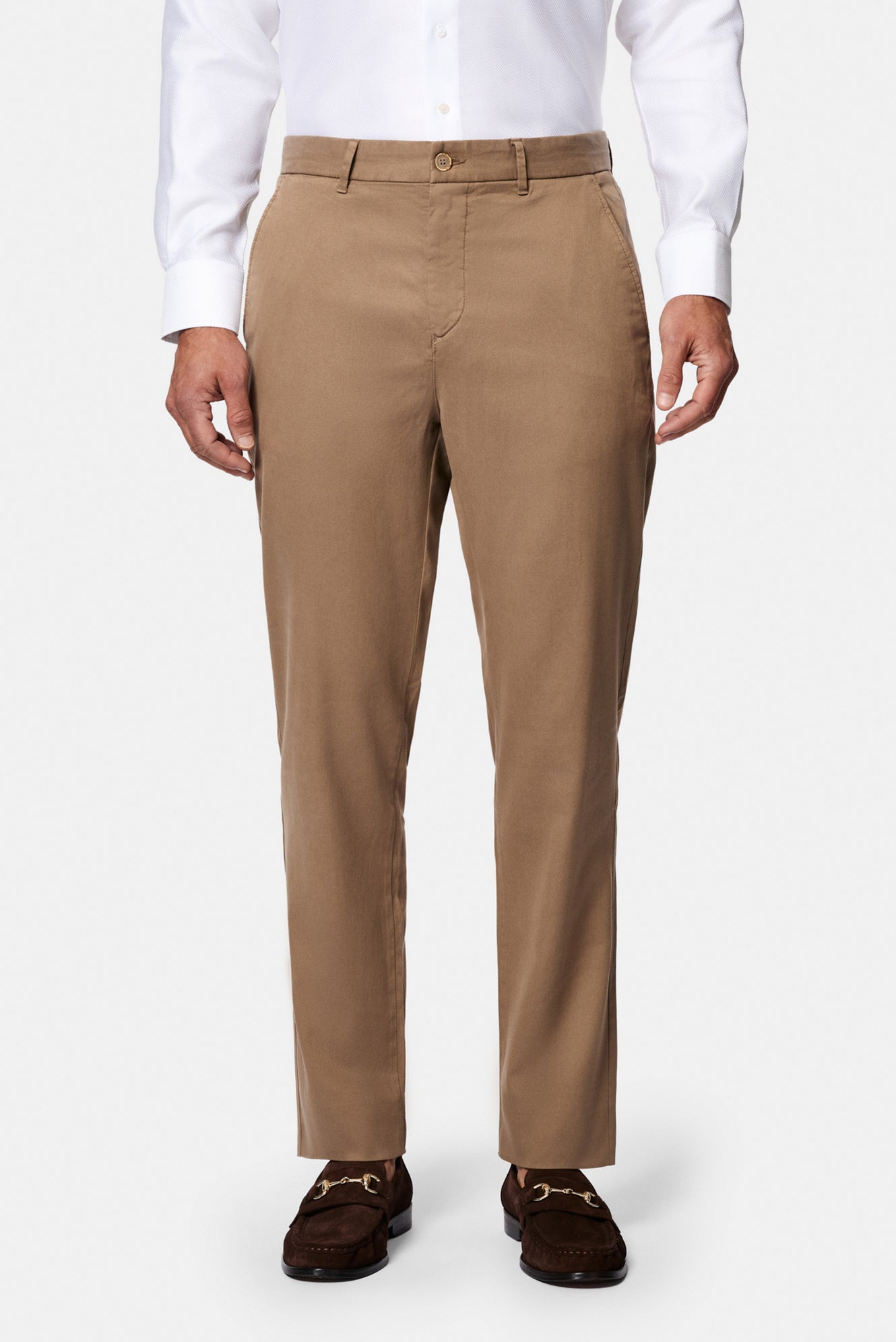 Orta Bej Regular Fit Standart Kesim Yan Cepli Lyocell Pamuk Karışımlı Kanvas / Chino Pantolon