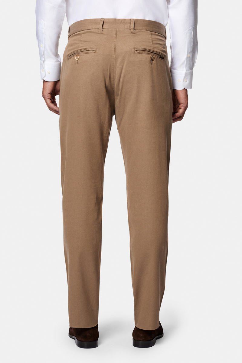 Orta Bej Regular Fit Standart Kesim Yan Cepli Lyocell Pamuk Karışımlı Kanvas / Chino Pantolon