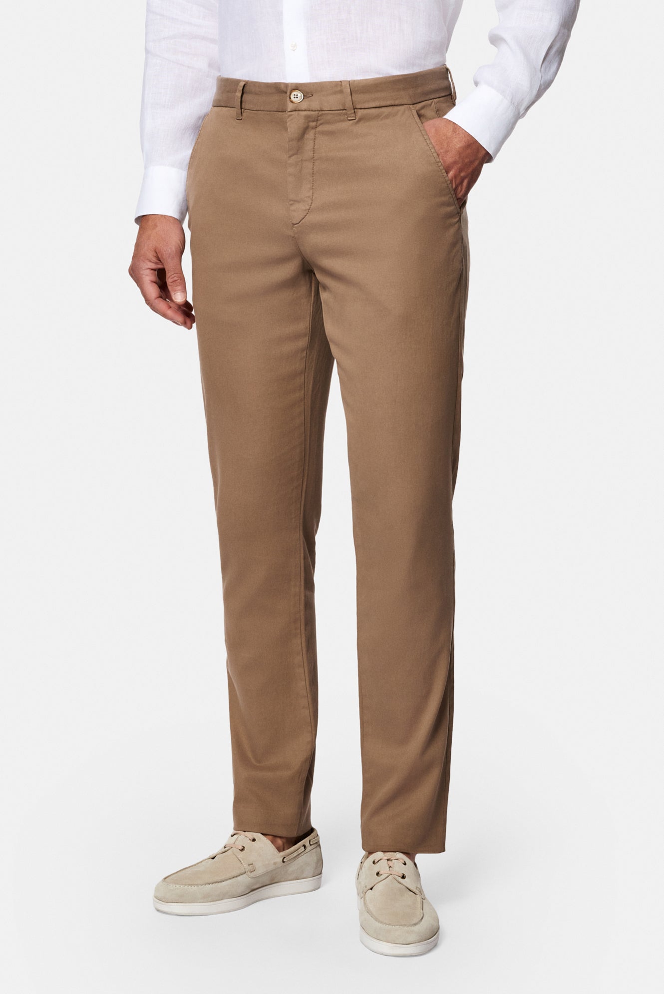 Orta Bej Slim Fit Dar Kesim Lyocell Karışımlı Yan Cepli Kanvas / Chino Pantolon