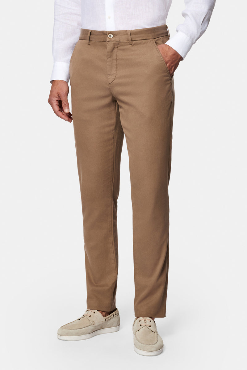 Orta Bej Slim Fit Dar Kesim Lyocell Karışımlı Yan Cepli Kanvas / Chino Pantolon