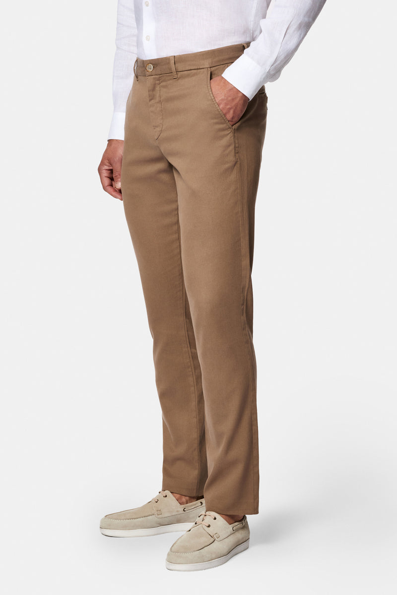 Orta Bej Slim Fit Dar Kesim Lyocell Karışımlı Yan Cepli Kanvas / Chino Pantolon