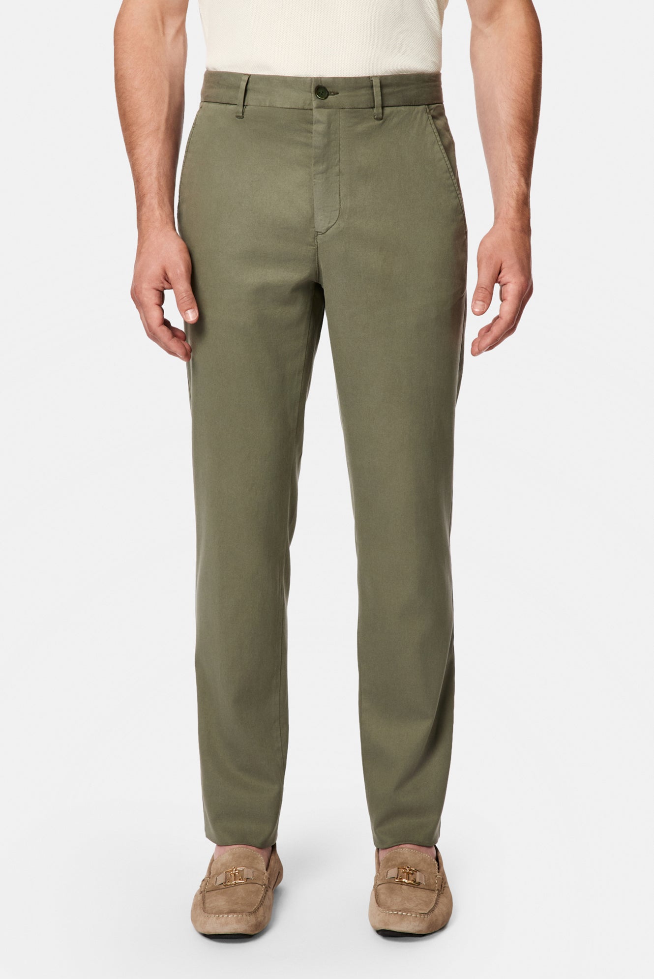 Orta Haki Slim Fit Dar Kesim Lyocell Karışımlı Yan Cepli Kanvas / Chino Pantolon