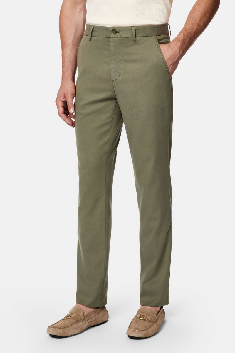Orta Haki Slim Fit Dar Kesim Lyocell Karışımlı Yan Cepli Kanvas / Chino Pantolon