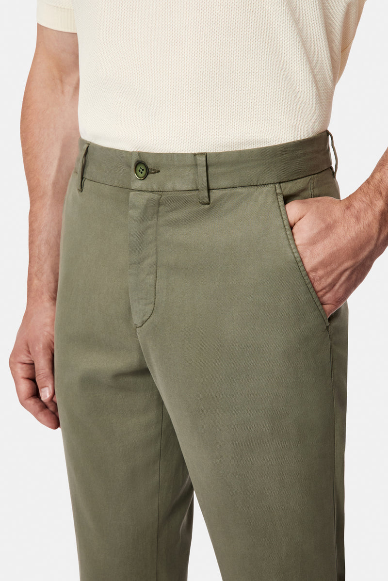 Orta Haki Slim Fit Dar Kesim Lyocell Karışımlı Yan Cepli Kanvas / Chino Pantolon