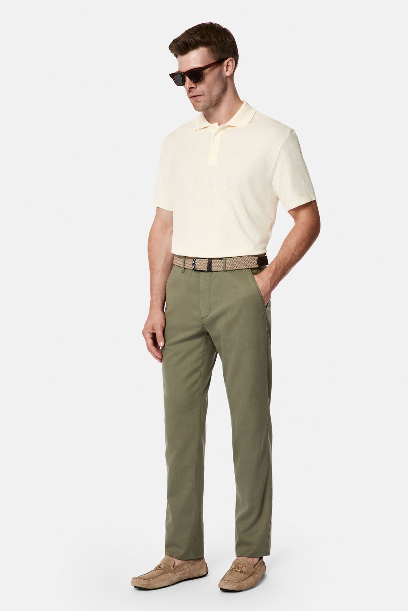 Orta Haki Slim Fit Dar Kesim Lyocell Karışımlı Yan Cepli Kanvas / Chino Pantolon