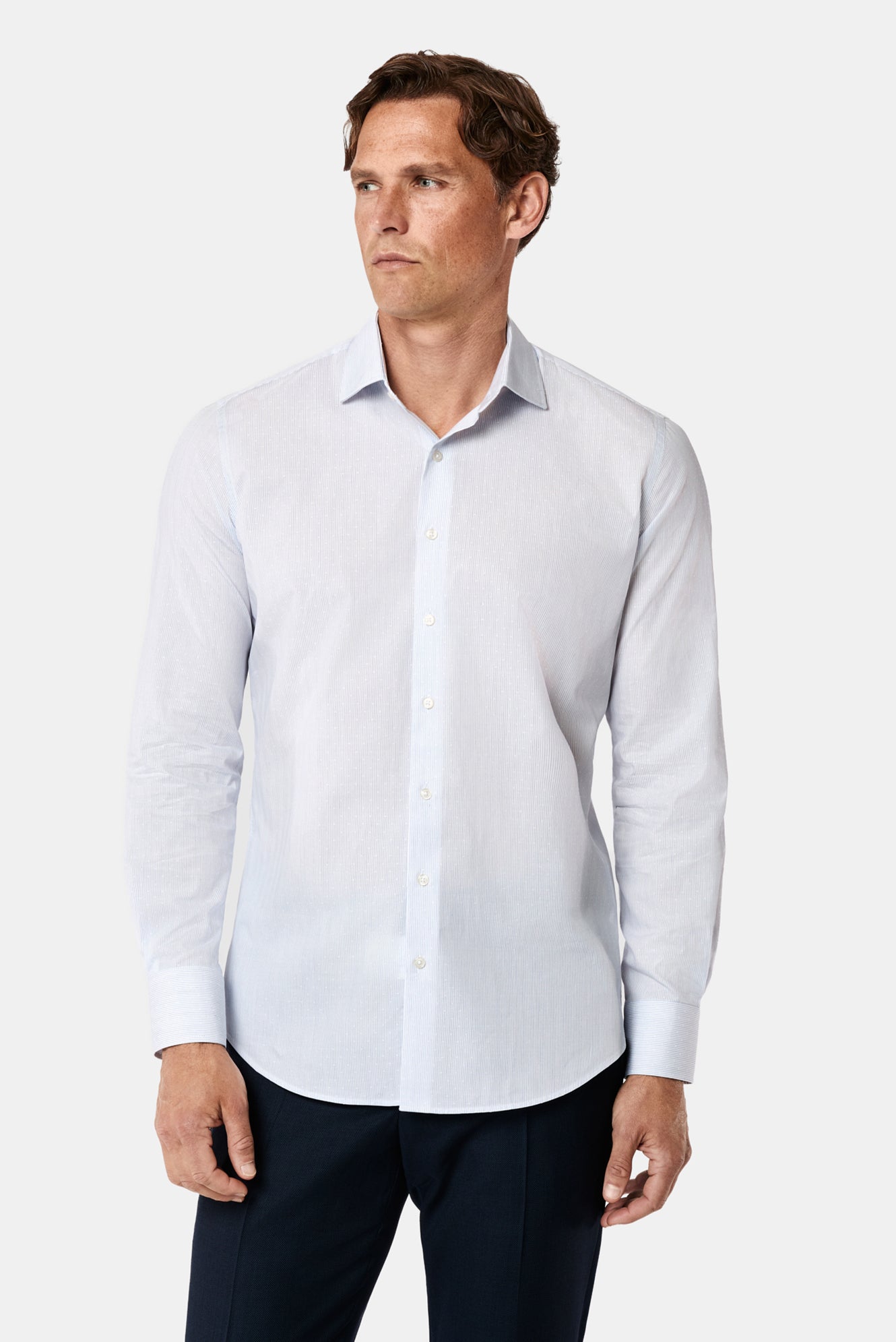 Orta Lacivert Uzun Kol Slim Fit Klasik Çizgili %100 Pamuk Gömlek