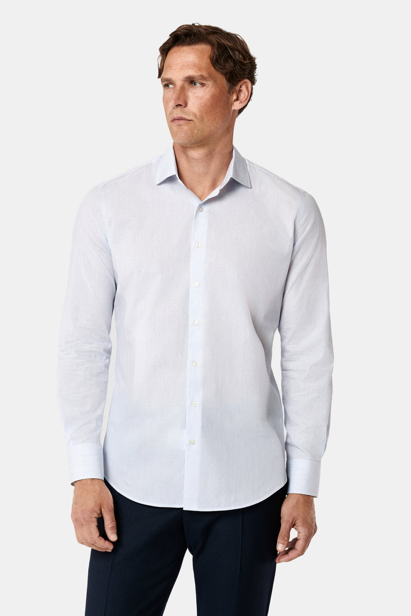 Orta Lacivert Uzun Kol Slim Fit Klasik Çizgili %100 Pamuk Gömlek