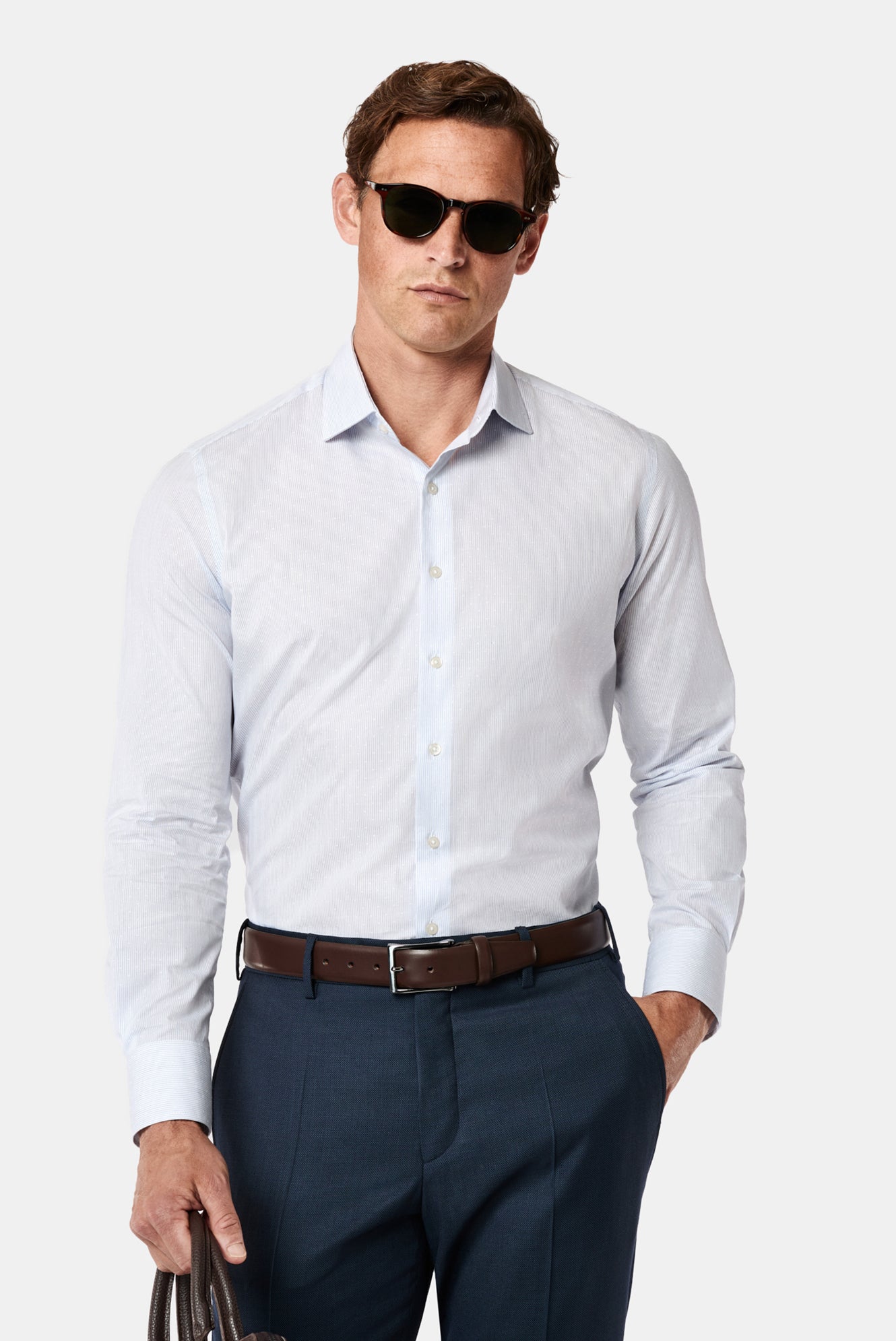 Orta Lacivert Uzun Kol Slim Fit Klasik Çizgili %100 Pamuk Gömlek