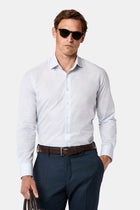 Orta Lacivert Uzun Kol Slim Fit Klasik Çizgili %100 Pamuk Gömlek