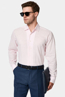 Toz Pembe Uzun Kol Regular Fit Desenli Pamuklu Keten Gömlek