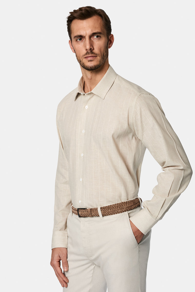 Ta? Uzun Kol Regular Fit Çizgili Pamuklu Keten Gömlek-Abdullah Ki??l?