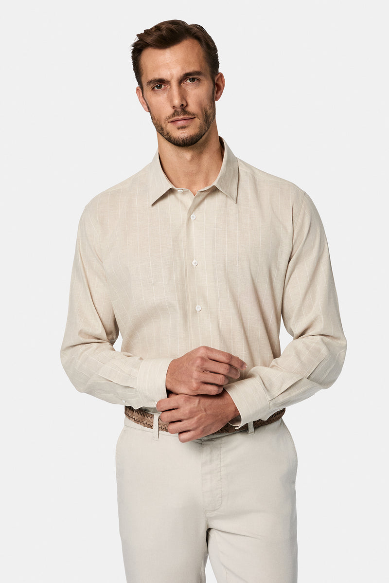 Ta? Uzun Kol Regular Fit Çizgili Pamuklu Keten Gömlek-Abdullah Ki??l?