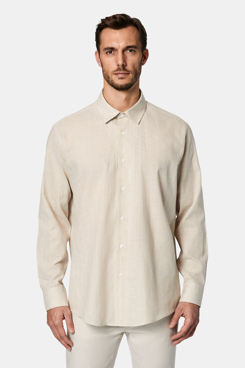 Ta? Uzun Kol Regular Fit Çizgili Pamuklu Keten Gömlek-Abdullah Ki??l?