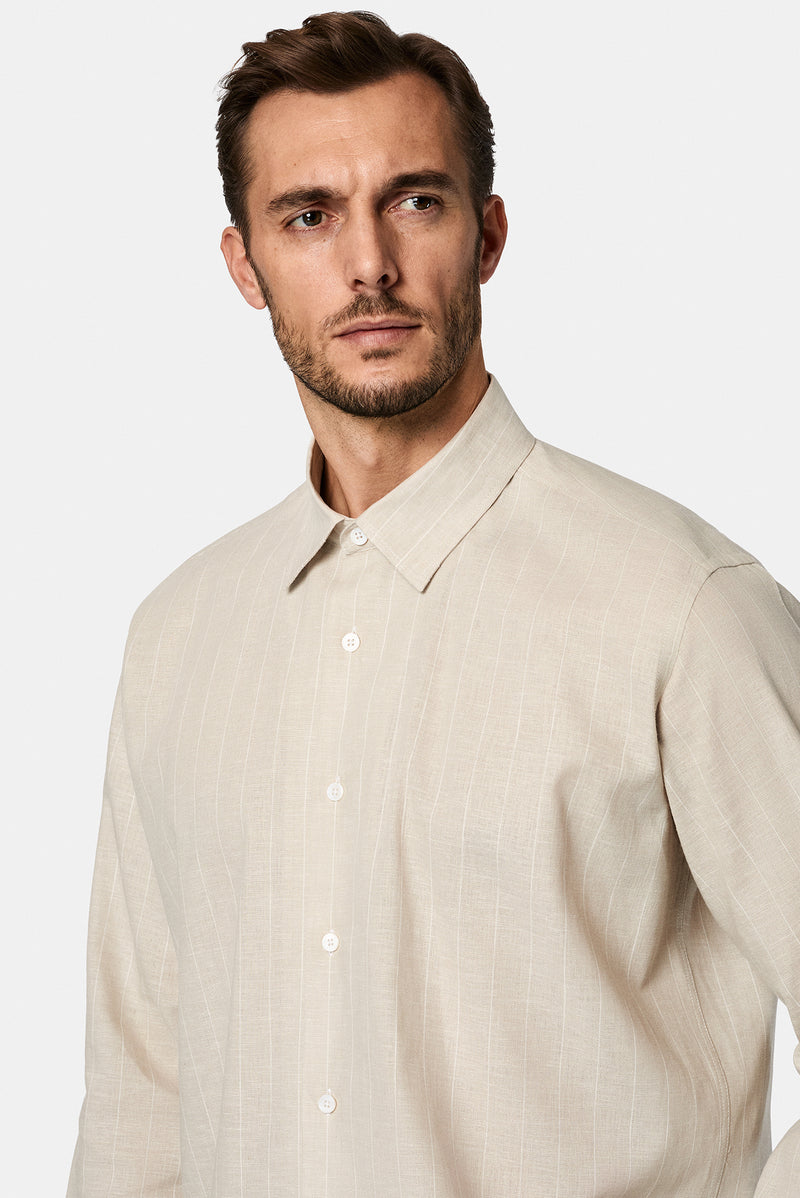 Ta? Uzun Kol Regular Fit Çizgili Pamuklu Keten Gömlek-Abdullah Ki??l?
