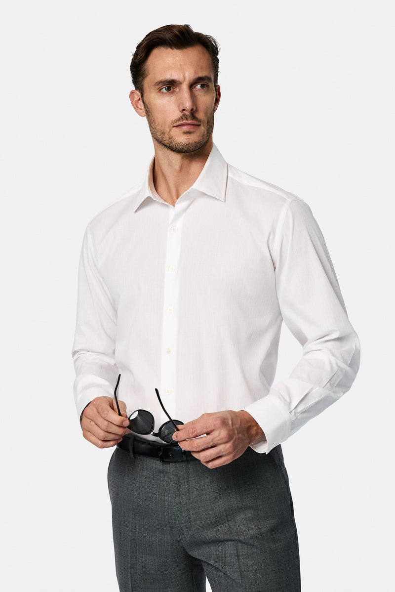 Beyaz Uzun Kol Klasik Çizgili Pamuk Gömlek-Abdullah Ki??l?