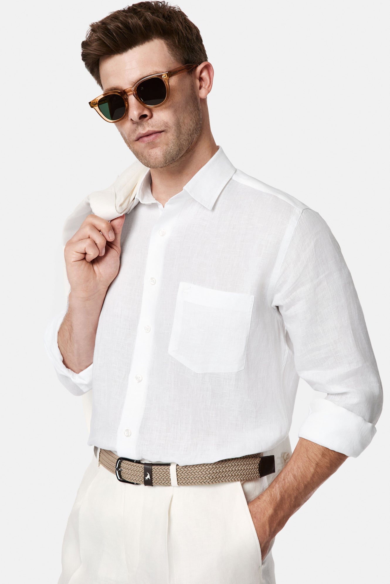 Beyaz Uzun Kol Regular Fit Cepli %100 Keten Gömlek