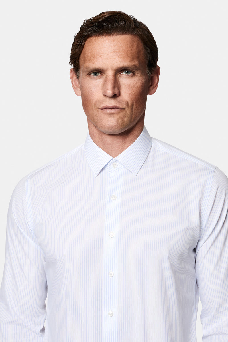 Açık Mavi Uzun Kol Slim Fit Klasik Non Iron Ütü Gerektirmeyen Çizgili %100 Pamuk Gömlek