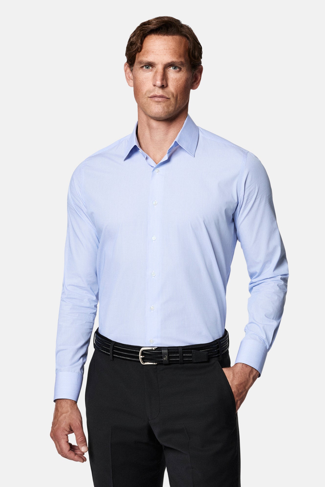 Mavi Uzun Kol Slim Fit Klasik İtalyan Çizgili %100 Pamuk Gömlek