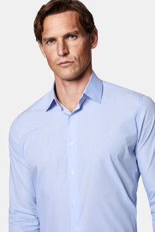 Mavi Uzun Kol Slim Fit Klasik İtalyan Çizgili %100 Pamuk Gömlek