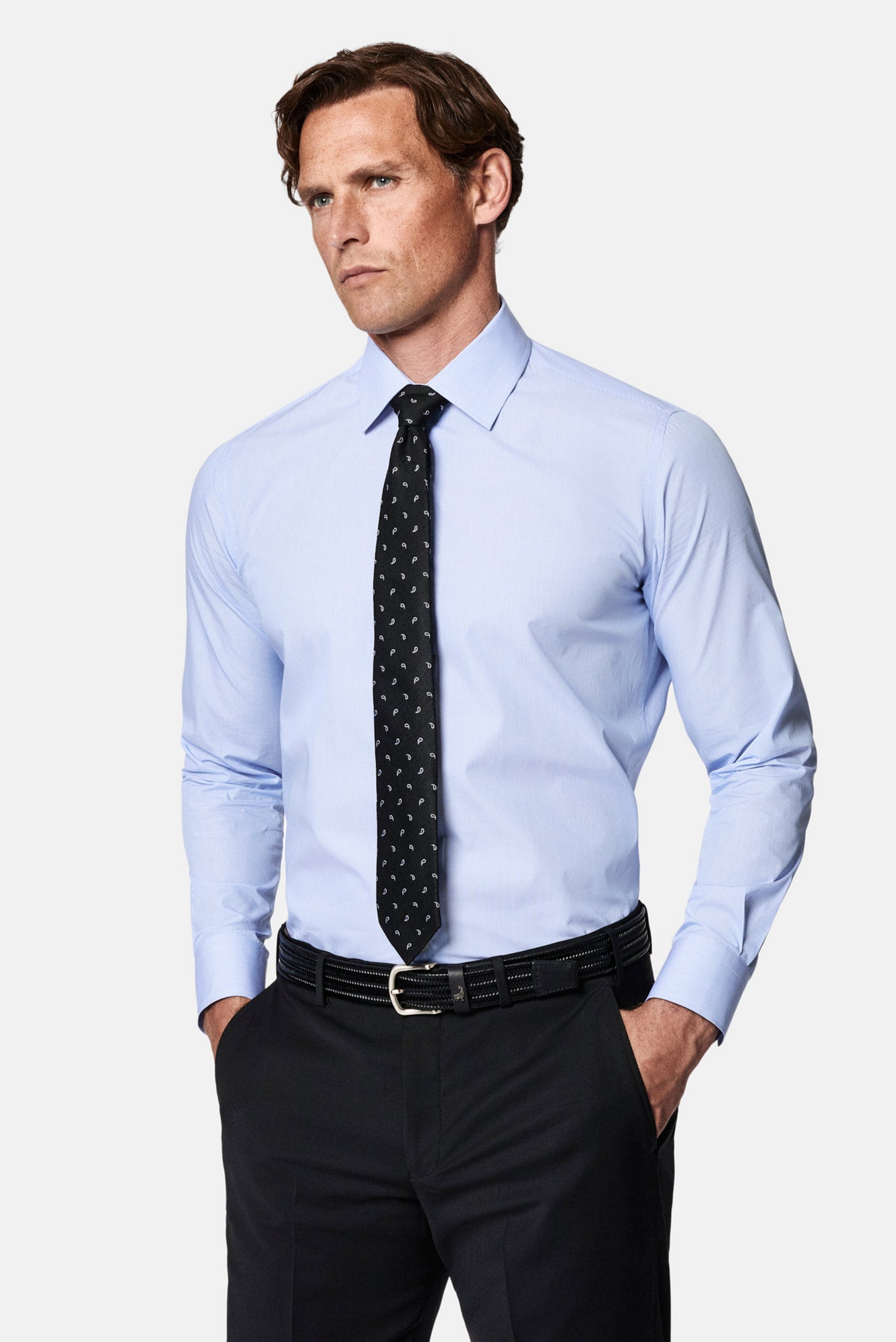 Mavi Uzun Kol Slim Fit Klasik İtalyan Çizgili %100 Pamuk Gömlek