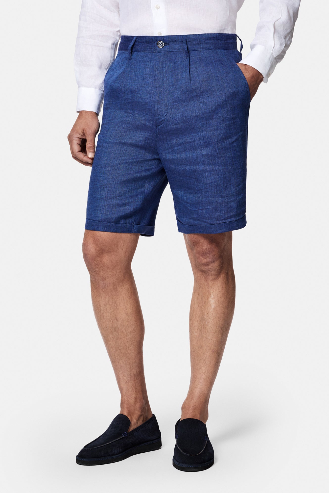 Açık Lacivert Straight Wide Leg %100 Keten Yan Cepli Bermuda Şort