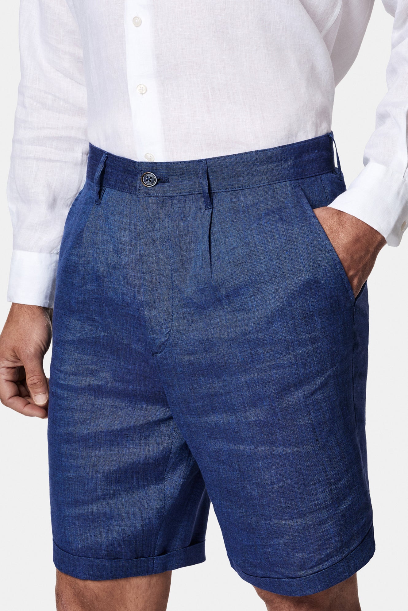 Açık Lacivert Straight Wide Leg %100 Keten Yan Cepli Bermuda Şort